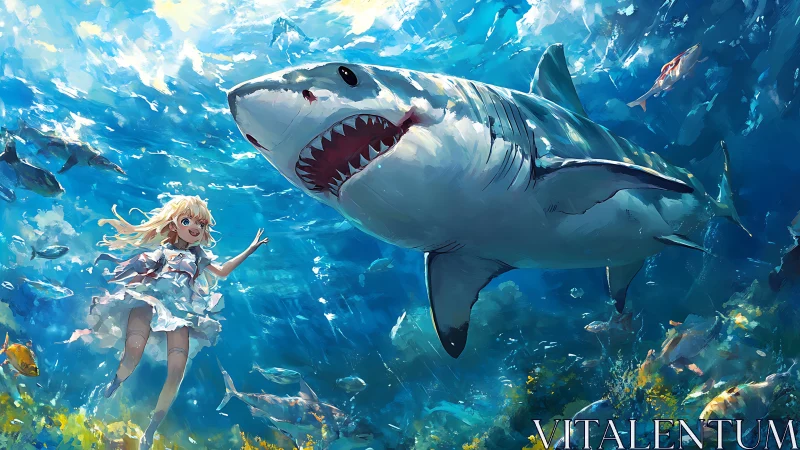 Underwater anime girl with dynamic great white shark scene.
