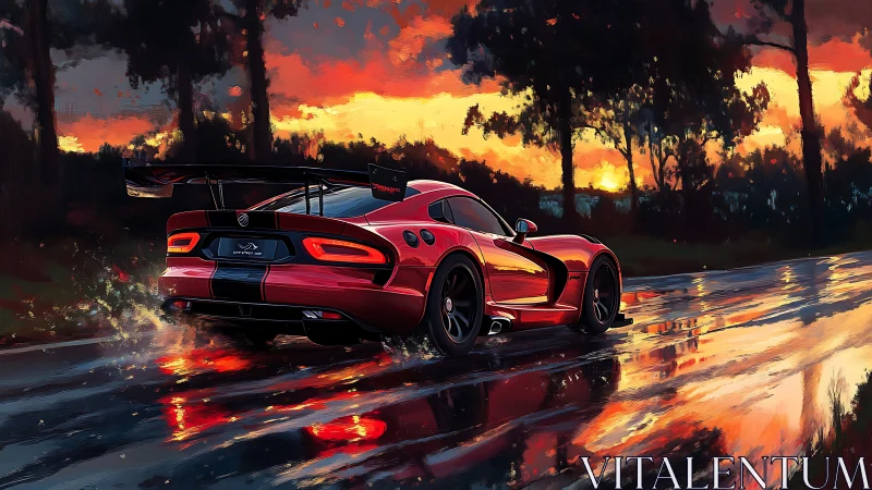 Red supercar charges along wet road under a blazing sunset