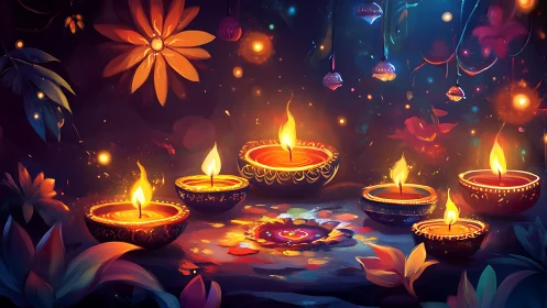 Gentle festival diyas glow warmly in a colorful night scene