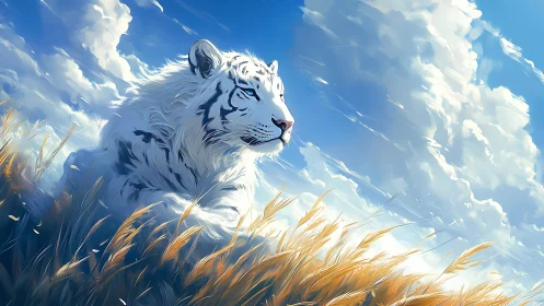 White tiger rests in golden field under sweeping sky