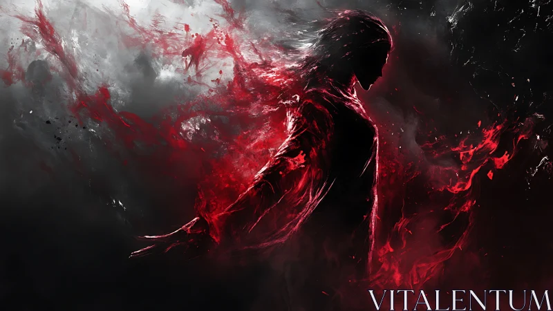 Silhouetted figure dissolves into red and black energy
