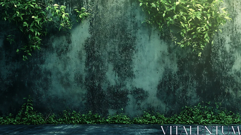 Whispering ivy climbs a weathered emerald concrete wall.