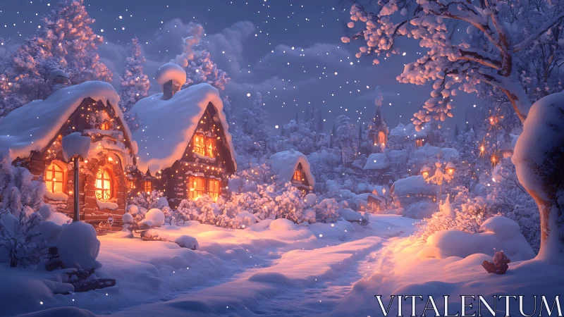 Snowlit village cottages glow with warm interior illumination
