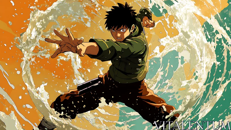 Dynamic anime combat figure within kinetic water vortex.