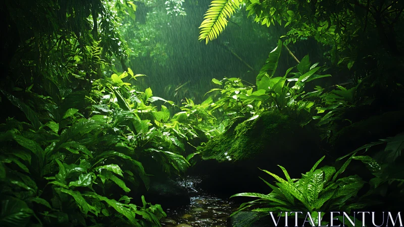 Tropical Rainforest Stream with Canopy Coverage and Lush Understory Vegetation