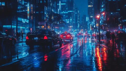 Neon lit rainy city street with cars and wet reflections.