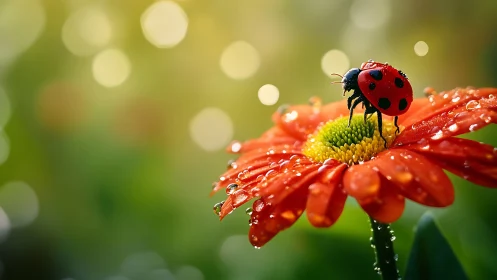 Ladybug on dewy orange flower with soft bokeh background.