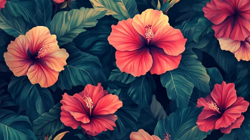 Tropical Hibiscus Blooms Dance Across Emerald Foliage.