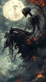 Moonlit skeletal guardian rests above a burning ravine