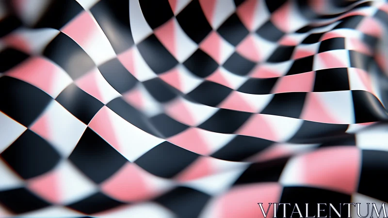 Undulating pink and black checkerboard surface creates motion