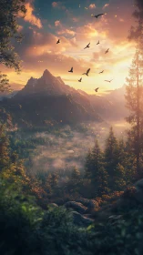 Sunlit mountain valley under glowing mist and circling birds.
