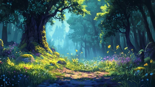 Enchanted Forest Clearing with Bioluminescent Flora and Ancient Arboreal Canopy