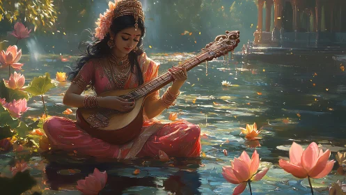 Lotus lake musician in ornate silk plays serene strings.