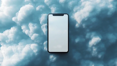 Smartphone floats centered against dense blue cloud backdrop