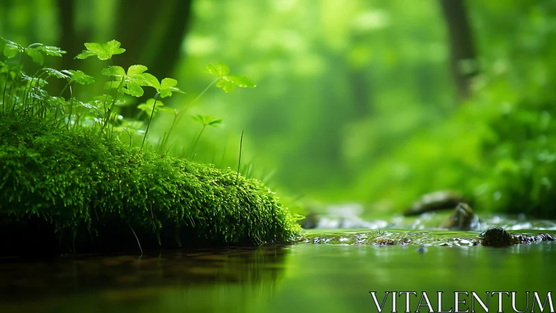 Peaceful forest stream with lush green moss in soft focus photography.