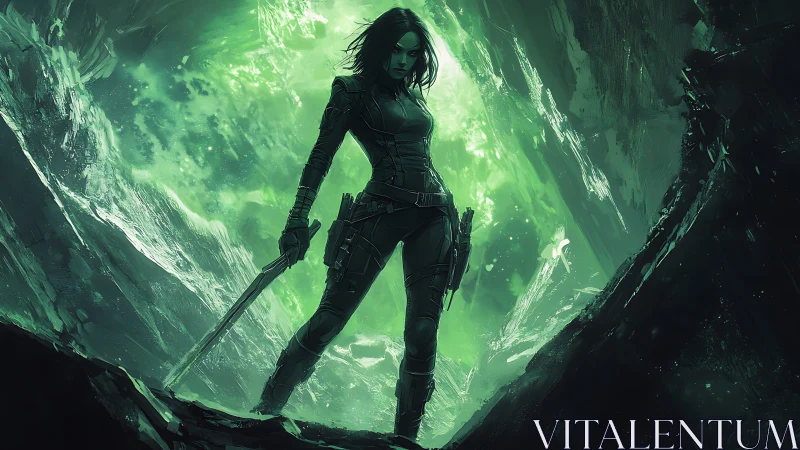 Armored figure with sword in luminous green cavern space.