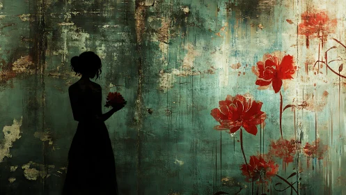 Silhouetted woman contemplates red blooms on weathered wall