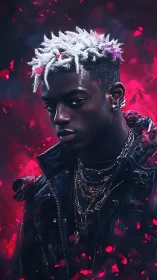 Neon petal storm around a frost-crowned street monarch.