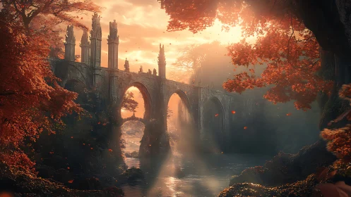 Sunlit ruin bridge cradles autumn mist in quiet reverie