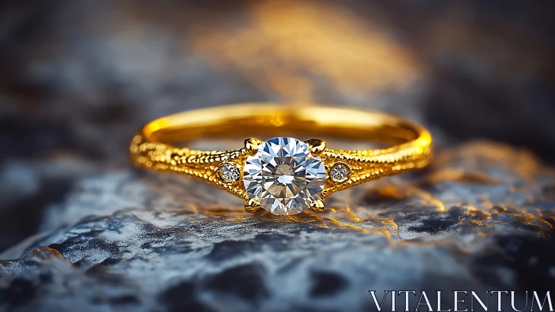 Gold engagement ring with round diamond on stone surface.