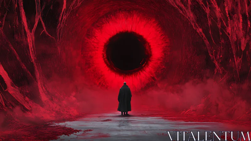 Solitary figure confronting colossal crimson vortex eye portal.