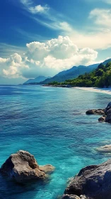 Photorealistic coastal panorama with cerulean shallows and cliffs.