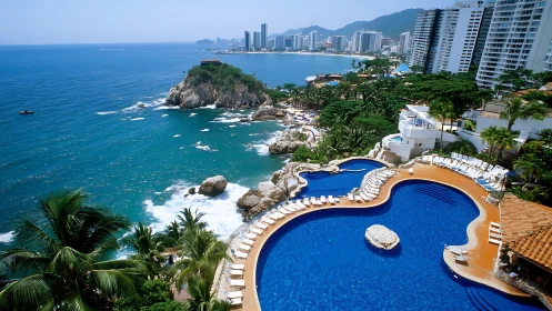 Terraced infinity resort pool overlooking tropical bay coastline.
