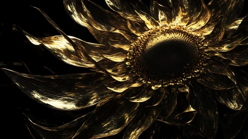 Golden metallic sunflower glows against deep black void.