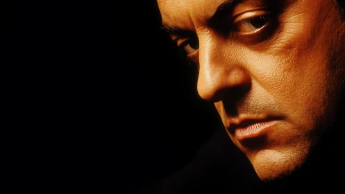 Intense close up reveals a thoughtful, shadowed expression