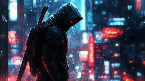 Hooded cyberpunk vigilante in neon rain-soaked megacity street