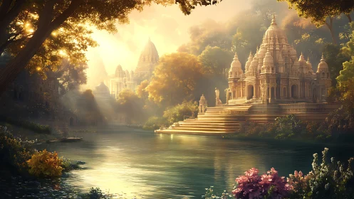 Riverside temple complex in volumetric dawn illumination.