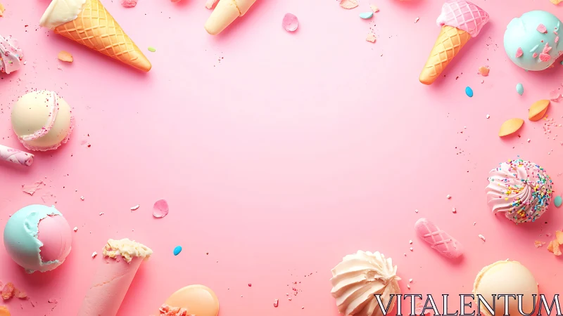 Ice cream cones and sweets on pink background.