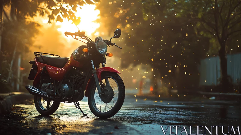 Red commuter motorcycle stands in backlit urban street haze