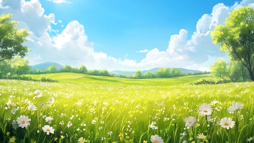 Wide meadow landscape shows daisies, trees and distant hills