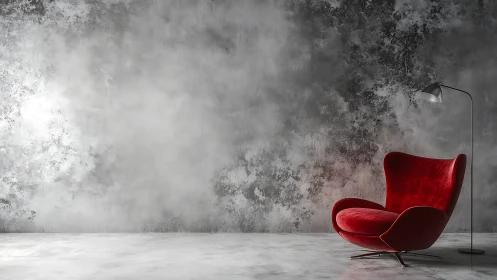 Red lounge chair and floor lamp against textured grey wall.