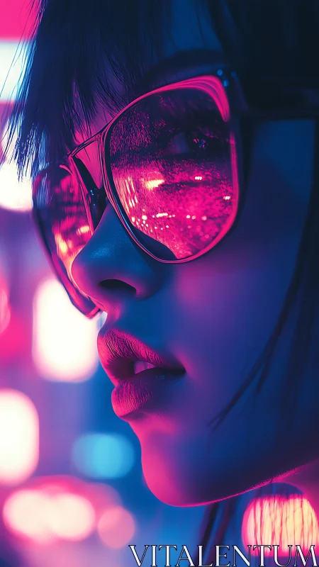 Neon-saturated cyber profile with reflective chromatic eyewear.