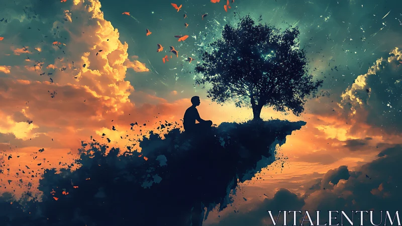 Surreal floating cliff meditation with solitary tree silhouette.