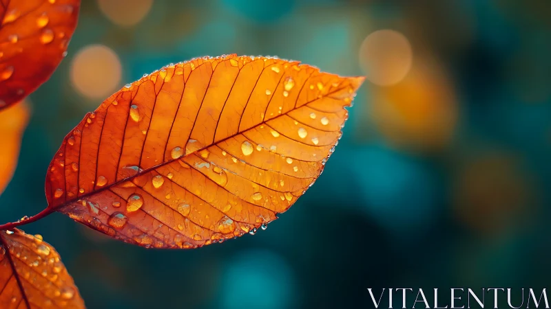 Rain-kissed amber leaf glows against teal forest dusk.
