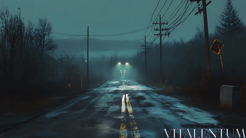 Empty wet road at night under misty streetlights.