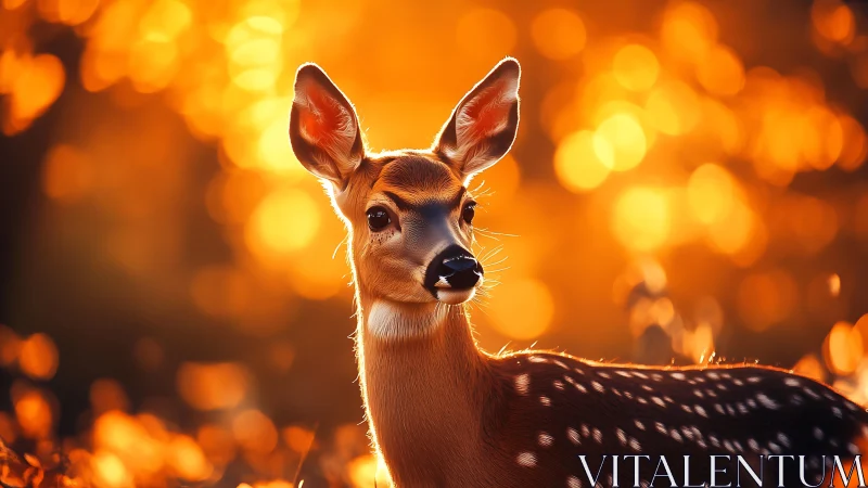 Young deer stands in glowing forest bokeh at sunset