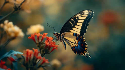 Swallowtail butterfly on orange blossoms in soft focus garden.