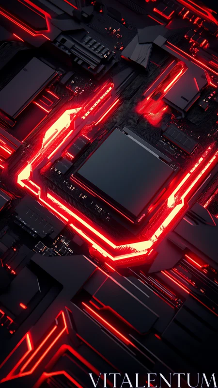 Overclocked CPU die on illuminated red black gaming mainboard