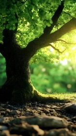 Sunlit tree leans kindly over stones in a jade-green hush