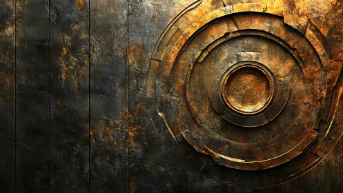 Rust-textured circular relief with industrial concentric rings.