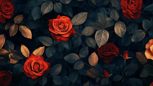 Red roses with layered foliage on dark background
