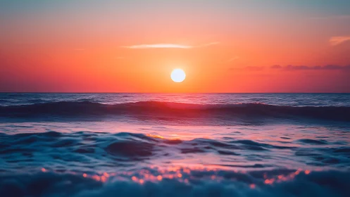 Vibrant ocean sunset over rolling waves in warm light.