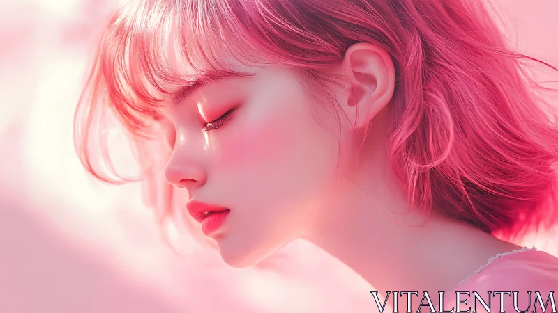 Side profile digital portrait of woman with pink hair.