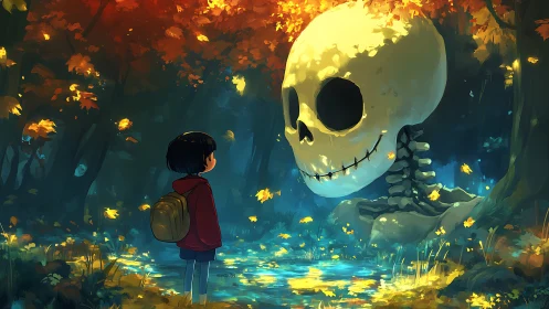 Child confronting colossal skull by luminous forest pond