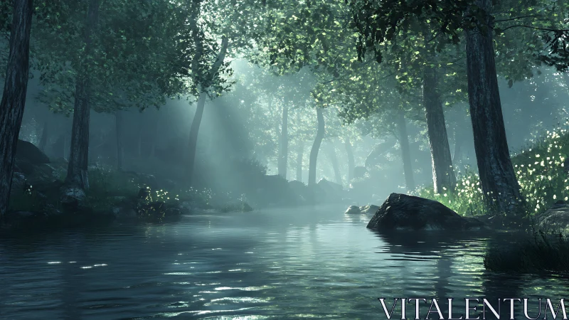 Enchanted Forest Stream Flows Through Misty Woodland Serenity