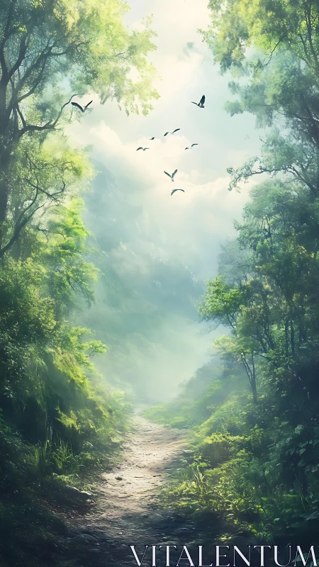 Verdant Passage Beckons Winged Travelers Through Luminous Forest Gateway